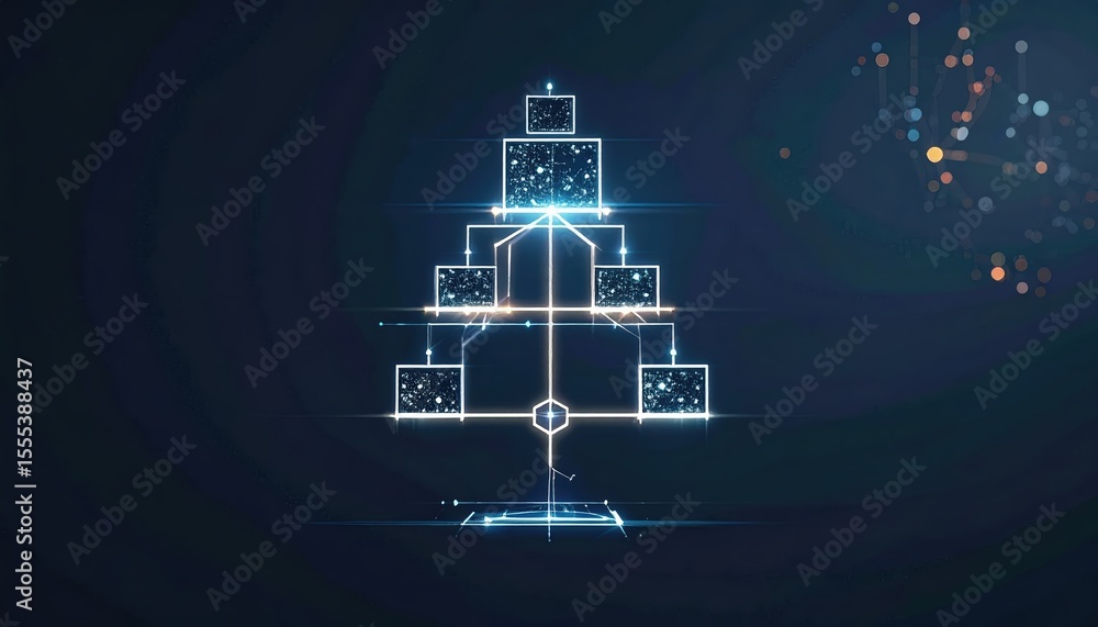 Aufkleber futuristic digital pyramid structure composed of interconnected glowing cubes with a dark background