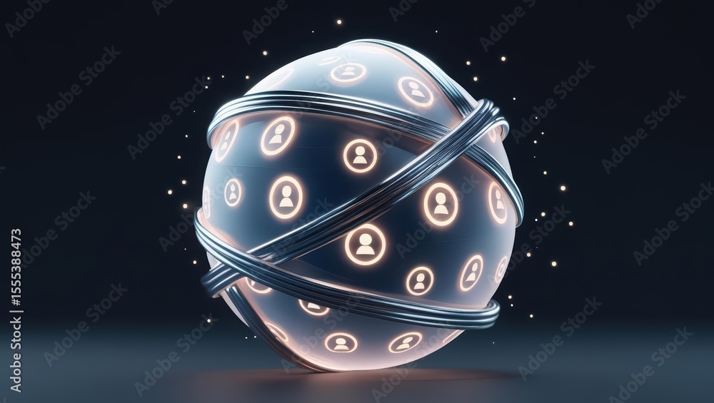 Poster futuristic digital globe with interconnected user icons and data lines representing global social ne