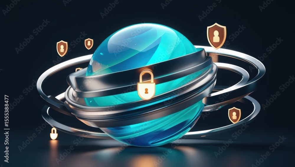 Poster futuristic digital globe with secure shield icons representing global cybersecurity, data protection