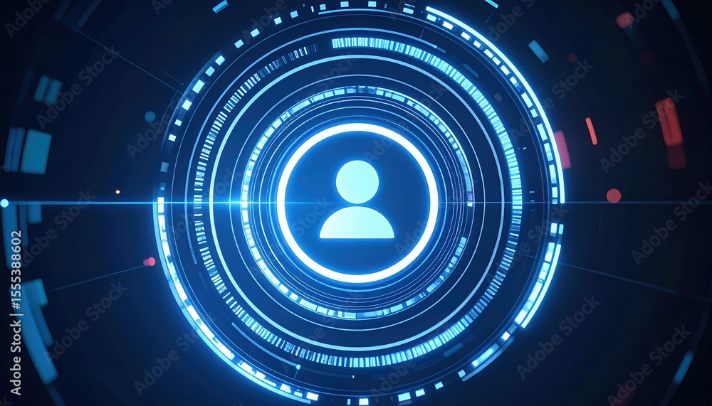 Poster futuristic digital user avatar icon surrounded by glowing concentric circles and data streams repres