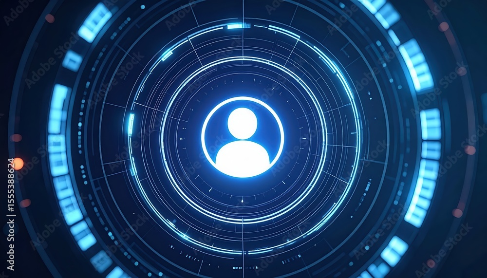 Poster digital user profile interface with futuristic glowing icons and high-tech circular hud display for 