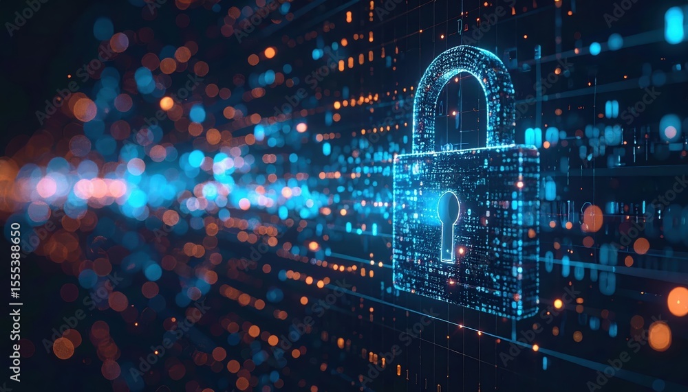 Poster futuristic digital security lock illustration with glowing data lines and secure digital technology 