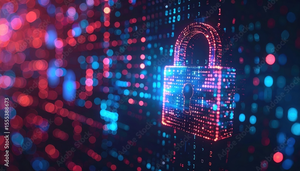 Poster digital security concept featu a bright neon lock icon and data streams representing cybersecurity a