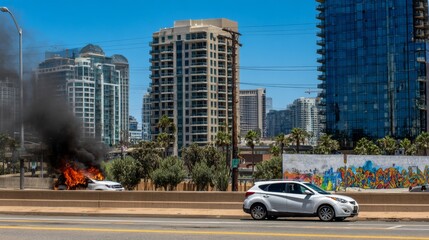 Obraz premium White car engulfed in flames and smoke near urban highway during summer season, representing dangerous vehicle fire emergency and traffic accident scenario in modern city environment.