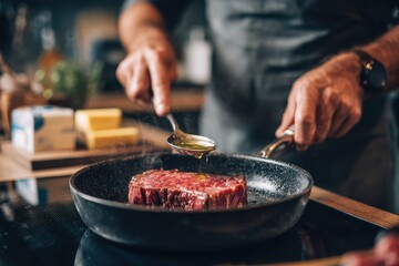 A chef skillfully drizzles oil over a sizzling steak in a modern kitchen, with butter and herbs nearby