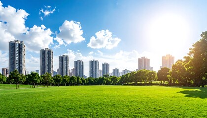 Fototapeta premium Lush park with modern city skyline