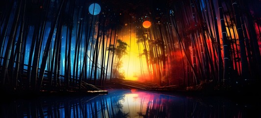 pop surreal unreal silhouettes spiral towards bamboo forest,ai generatif