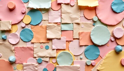 pastel geometric collage with torn paper texture, circles and rectangles scattered with soft shadows, cozy and artistic look