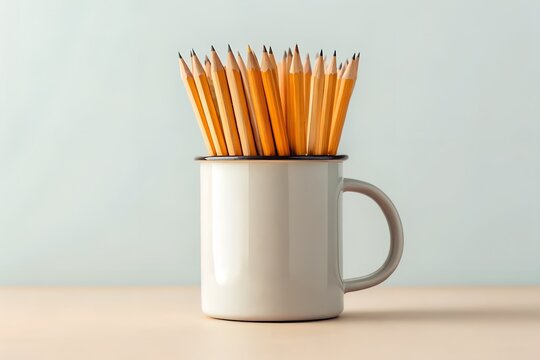 Many yellow pencils fill a white enamel mug on a table - Powered by Adobe