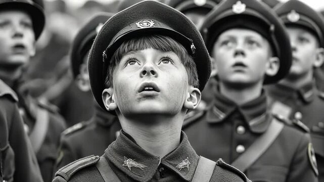 A solemn group of children in military uniforms gazing upwards.