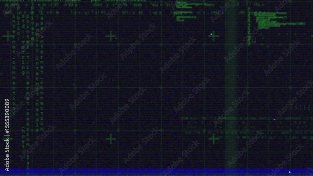 Poster opening screen initiating green grid appearing with scrolling code and glitching into matrix rain