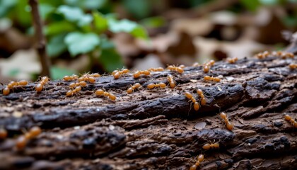 a group of termites crawling along a rotting log in tropical rainforest, humid atmosphere and earthy tones, macro documentary style