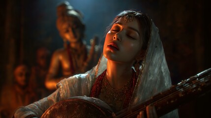 Meera Bai, immersed in devotion, sings passionately with a tanpura, surrounded by divine figures. The scene evokes spiritual transcendence and artistic expression.