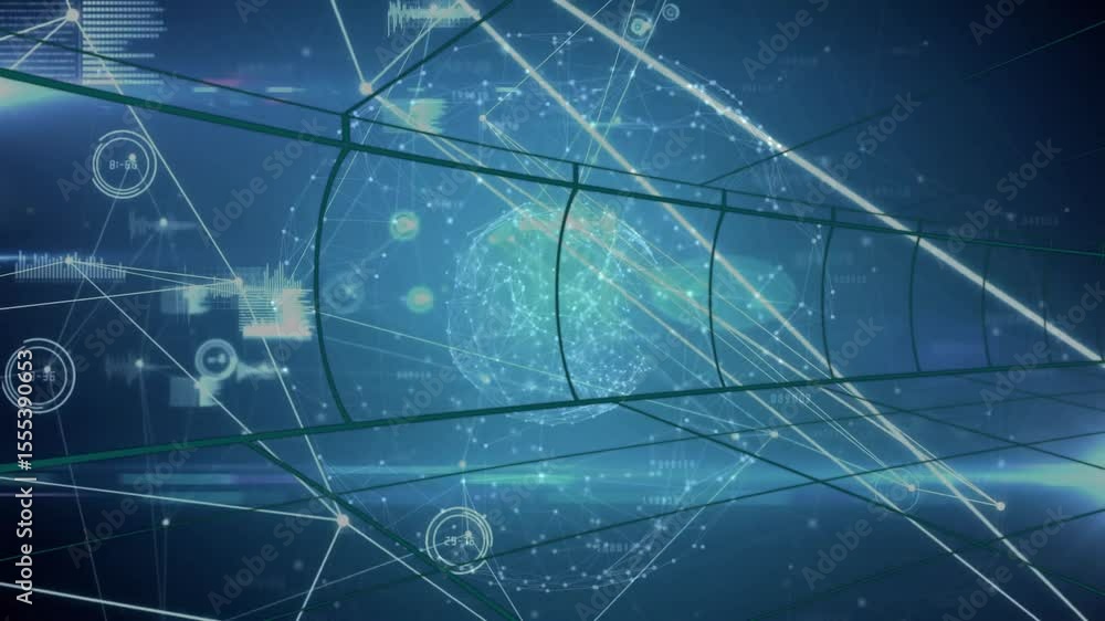Poster opening dark blue space starting dotted globe emerging with grid tube animating network data flow