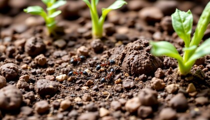 a close up of ants aerating soil in vegetable bed, macro perspective of healthy ecosystem interaction