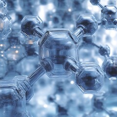 Detailed close-up view of complex molecular structure.  Crystalline lattice, transparent and translucent atoms, complex bonds, intricate network, scientific visualization
