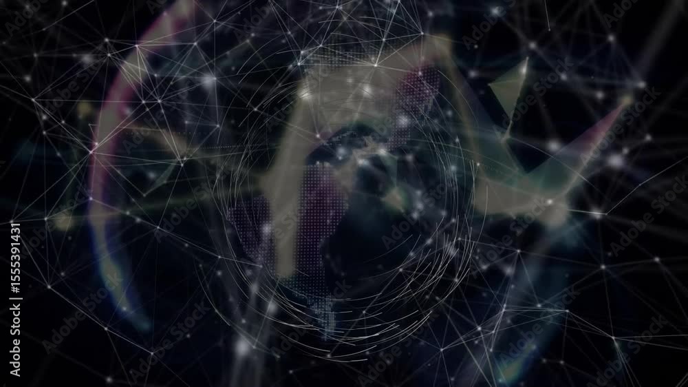 Poster void initiating swirl, nodes pulsing and merging into rotating wireframe globe showing connectivity