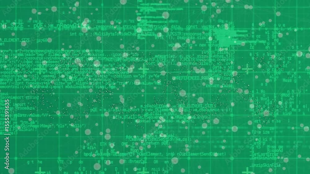 Poster System start activating particles swirling over green grid and code columns scrolling showing data