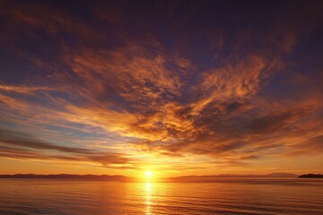 Obraz premium Brilliant Orange Sunset over Tranquil Ocean Waters with Striking Clouds and Mountain Silhouette