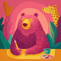 Bear painting with paintbrush, jaguar watching, whimsical animal art in pink jungle