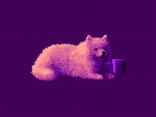 fluffy dog, purple background, playful pose, textured fur