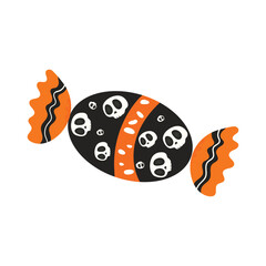 Flat vector illustration of cute Halloween candy with skull pattern. Great for seasonal graphic designs, party invitations, spooky packaging, trick or treat themes, and festive promotional materials.