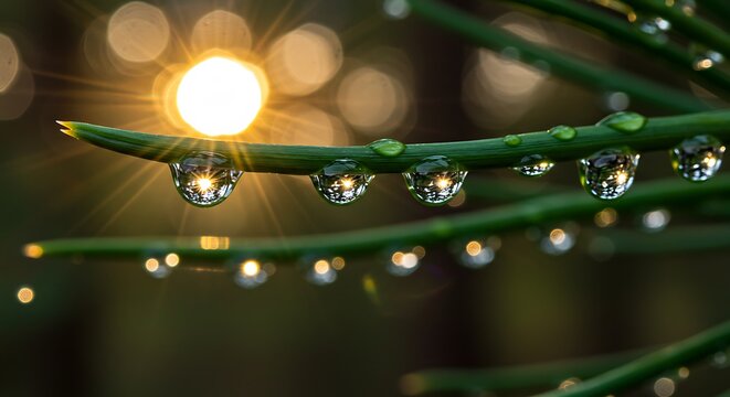 Dew Drops on Pine Needles, Sunlight Reflections