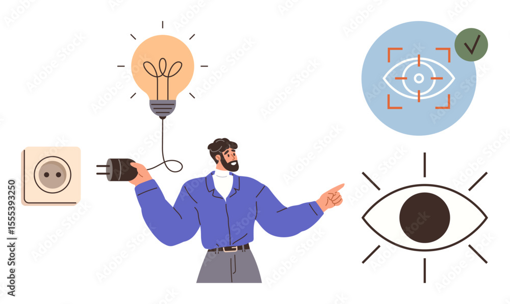 Poster man plugging cord into socket to light up bulb, focus icons for vision and insight. ideal for creati