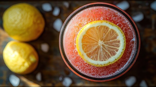 Refreshing pink lemonade drink with lemon slices on wooden background.