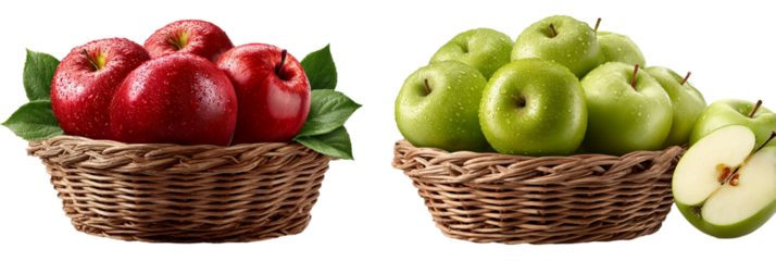 Fresh red and green apples in baskets healthy fruit food still life  isolated on transparent background