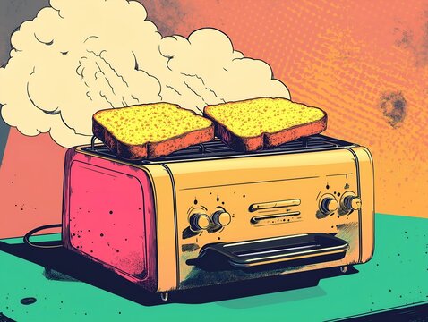a pop art illustration of a yellow and pink retro toaster making toast, with steam clouds in the background - Powered by Adobe