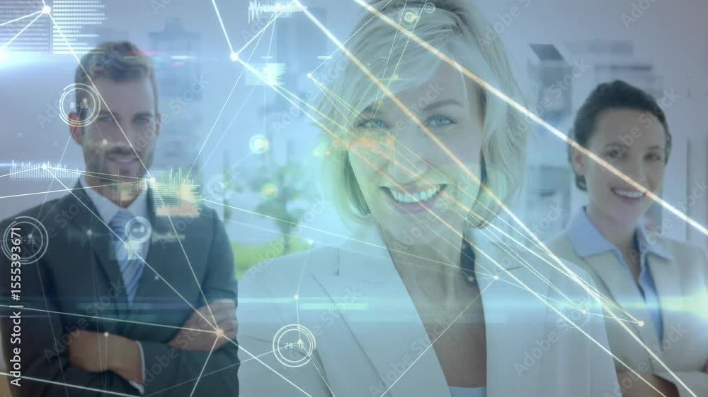 Poster three business professionals standing in office fading in holographic data network showing unity