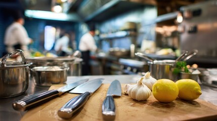 A bustling kitchen scene with chefs preparing fresh ingredients, highlighting garlic and lemons