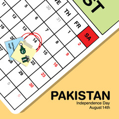 Pakistan Independence Day reminder mark on August 14th in a wall calendar.