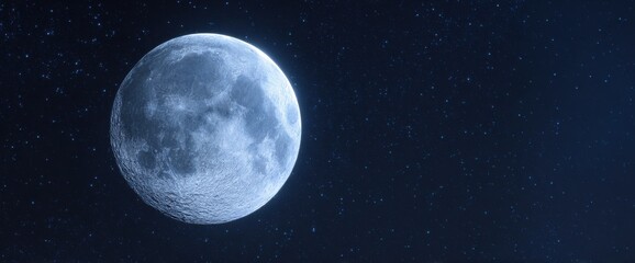 Fototapeta premium Full Moon with Detailed Surface Texture Glowing in a Starry Night Sky Landscape