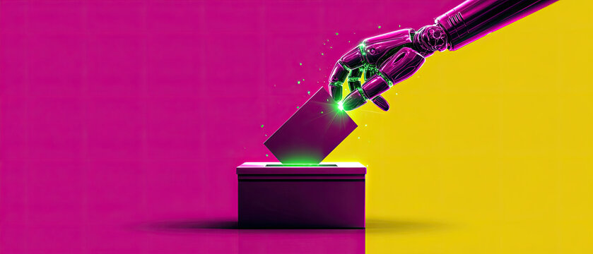 Robotic hand places a glowing card into a futuristic ballot box