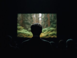 Man watching forest scene in theater, one person, dark mood, viewing nature concept