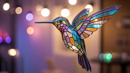 Obraz premium Stained Glass Hummingbird Sculpture in Flight with Blurred Background Lights Displaying Artistic Craftsmanship and Vibrant Color Palette
