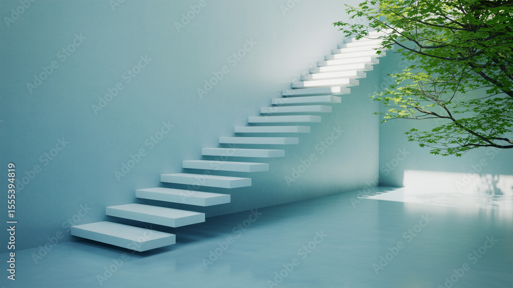 Poster minimalist interior with floating stairs and tree branches bathed in soft light creating a serene an