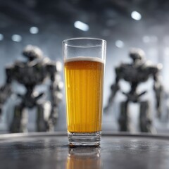 Beer in glass with robots, brewery background, industry, futuristic concept