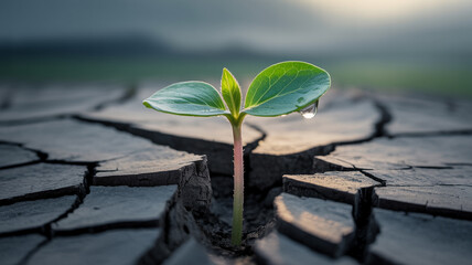 Resilience of Life A Small Sprout Emerges from Cracked Earth Symbolizing Hope and Renewal in a Barren Landscape