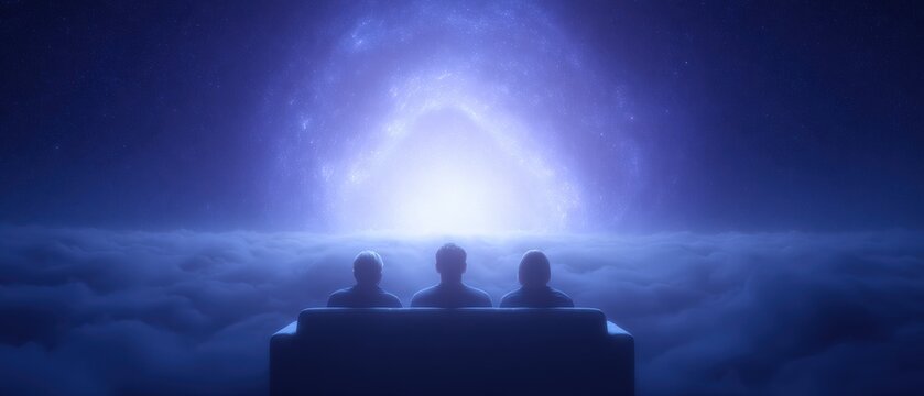 Three people sitting on couch, watching a nebula on a cloud, contemplation, concept