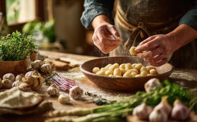Artisan chef preparing fresh gnocchi with herbs and garlic on rustic wooden table in cozy kitchen
