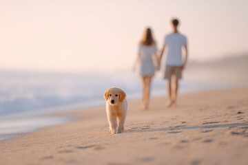 Golden retriever puppy walks on beach with couple at sunset, two people, pets, romance