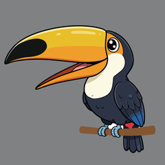 A cartoon toucan perches playfully on a branch, its large beak and bright colors making it cheerful.