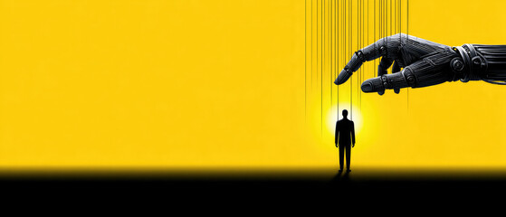 Robotic hand controls silhouette of man with strings against bright yellow background