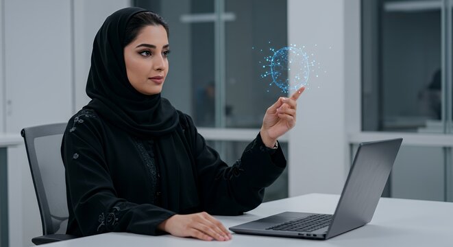 Emirati businesswoman interacts with holographic global network, showcasing modern technology and cultural fusion. - Powered by Adobe