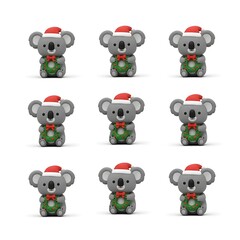 Nine charming koalas adorned with Santa hats and festive wreaths, celebrating Christmas in a delightful display. Each koala embodies the holiday spirit