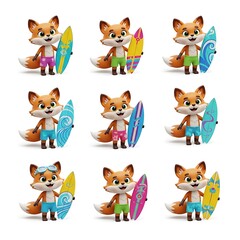 Obraz premium Collection of nine cartoon surfing fox with colorful surfboard on beach