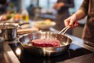 Cooking a juicy steak in a modern kitchen, with fresh ingredients and a person in the background